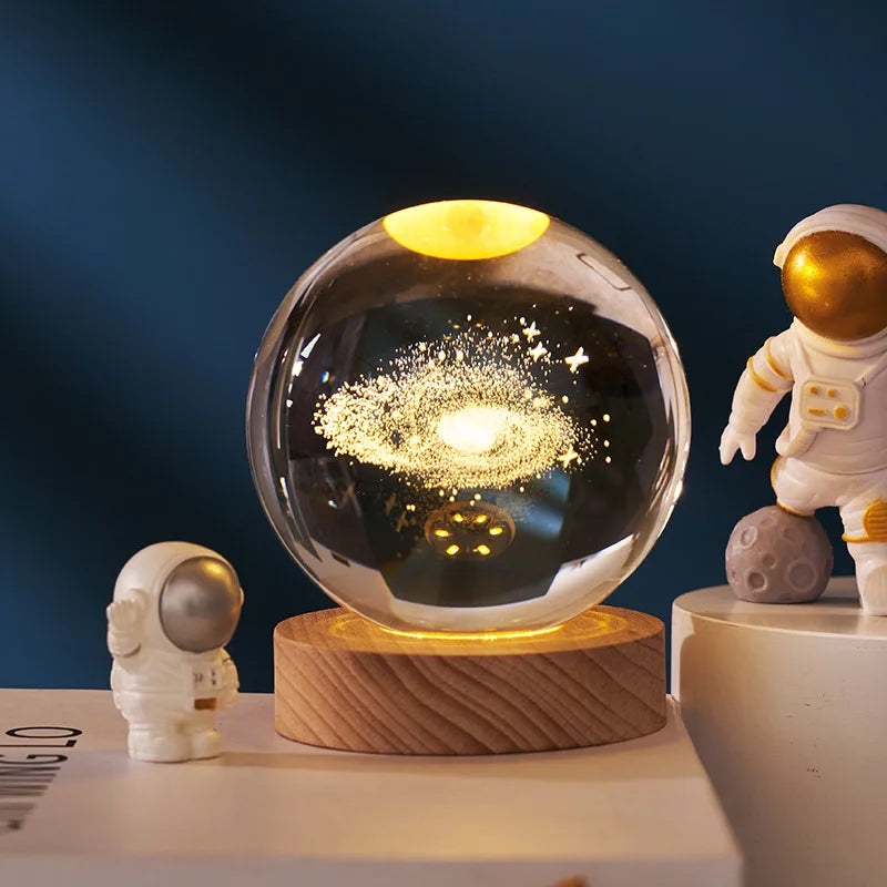 Projector USB 3D Solar System Crystal Ball Lamp With Wooden Base Led Display Stand